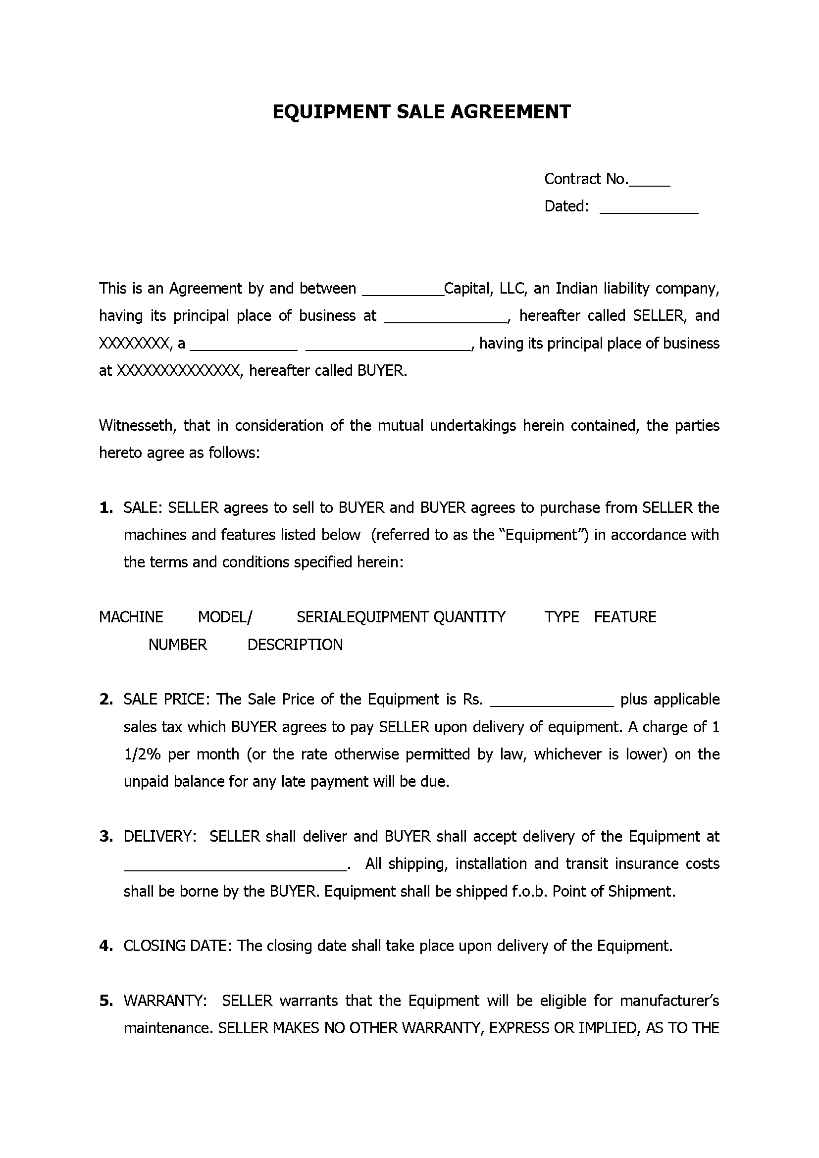 Equipment Sale Agreement